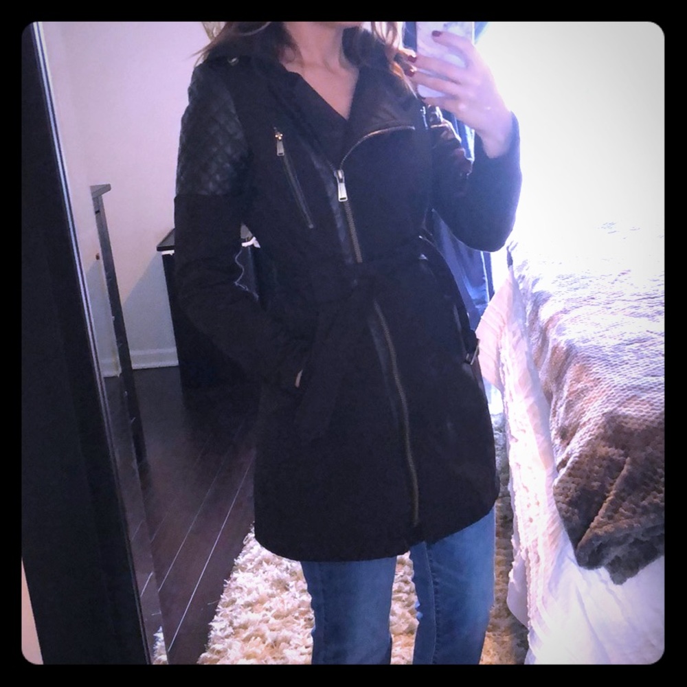 BCBG black coat with faux leather details